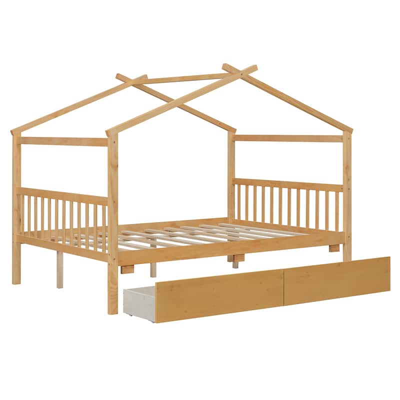 Full Size Wooden House Bed with Drawers, 79.5"L x 57.1"W x 63.1"H, Natural