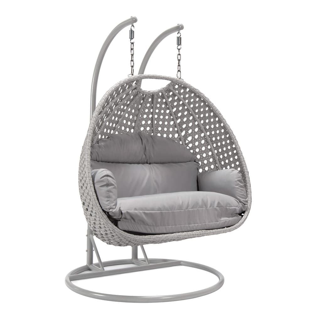 Mendoza 2-Person Hanging Egg Swing Chair with Iron Metal Stand Handcrafter Grey Wicker Hammocks for Outdoor Patio or Indoor Use