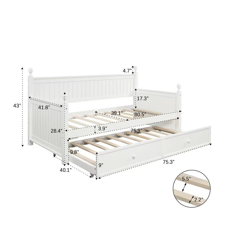 Wood Daybed Twin with Trundle, Twin Size Daybed Frame Sofa Bed