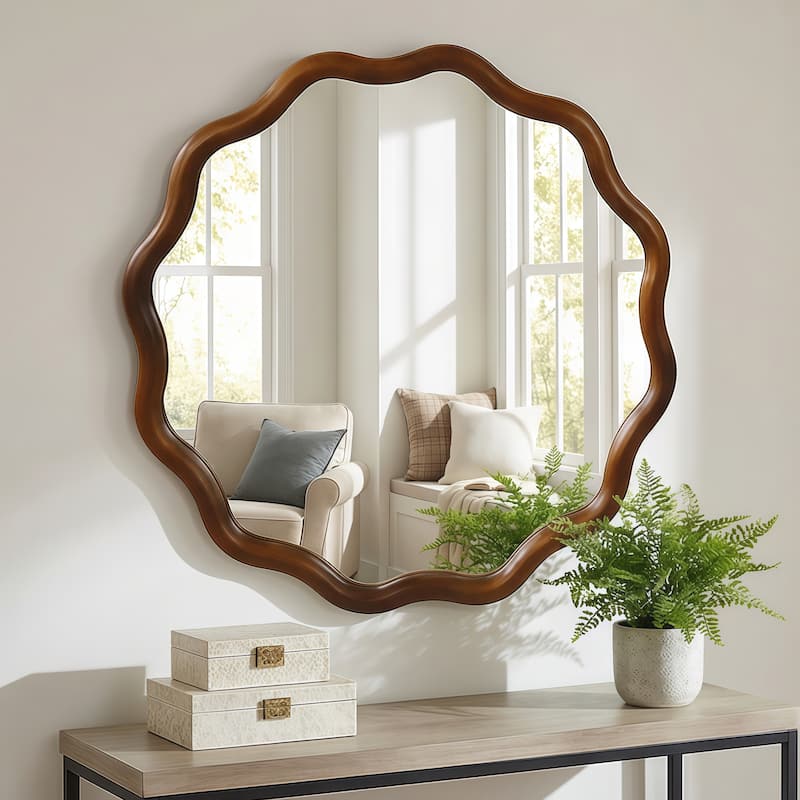 24 inch Wavy Round Solid Wood Frame Decorative Mirror