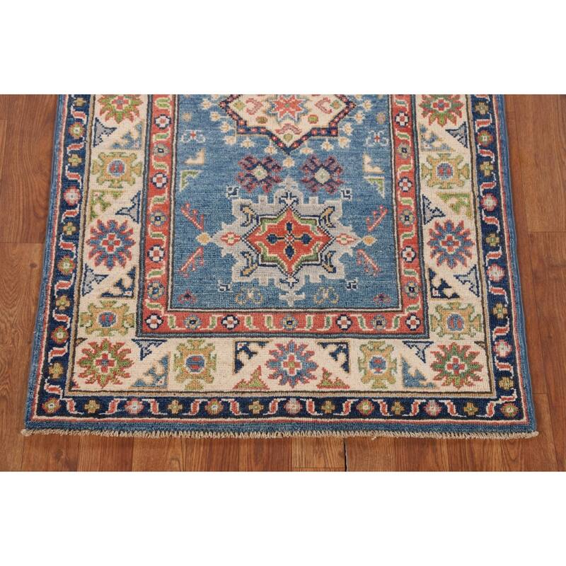 Blue Geometric Kazak Accent Rug Handmade Wool Carpet - 2'8" x 4'3"