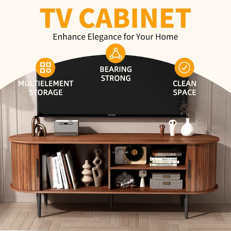 Modern TV Stand with Sliding Door, Wood Media Console Table with Fluted Design, Entertainment Center with Storage Cabinet