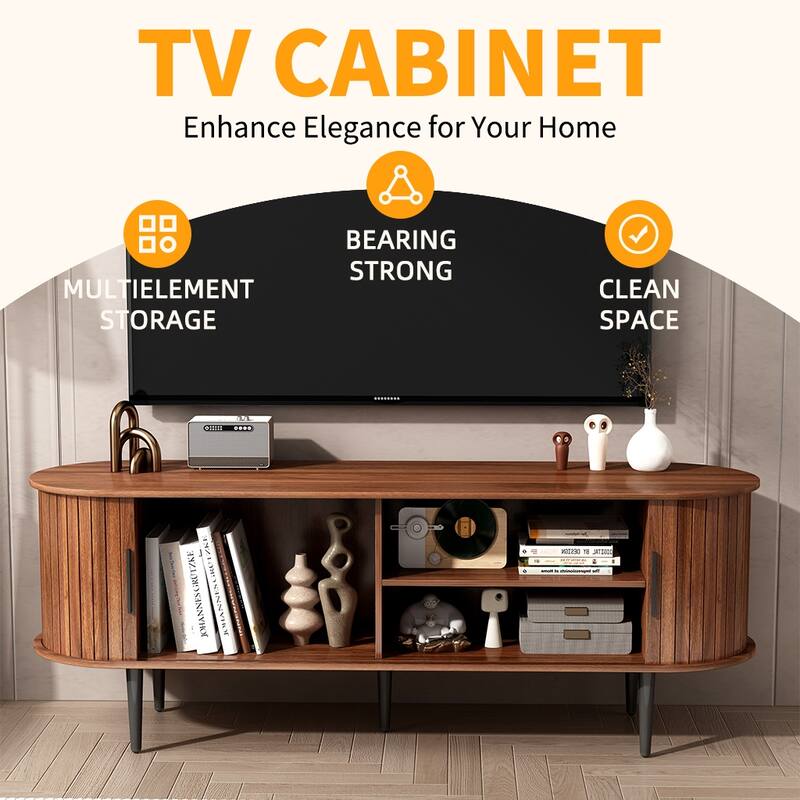 TV Stand, Entertainment Center with Sliding Doors and Storage, Wood TV Stand with Storage Compartment