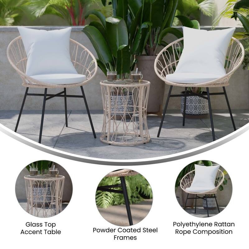 Indoor/Outdoor Rattan Rope Bistro Set, Glass Top Table & Cushions