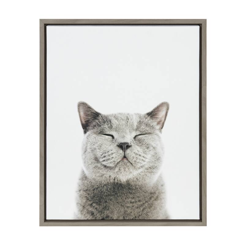 Kate and Laurel Sylvie Smiling Cat Framed Canvas by Amy Peterson - 18x24 - Plastic - Grey