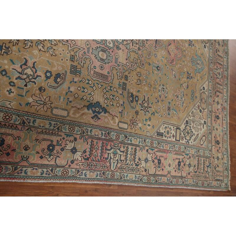 Hand Knotted Oriental 100% Wool Carpet Traditional Medallion Yellow & Gold Tabriz Area Rug - 9' 8'' X 6' 10''