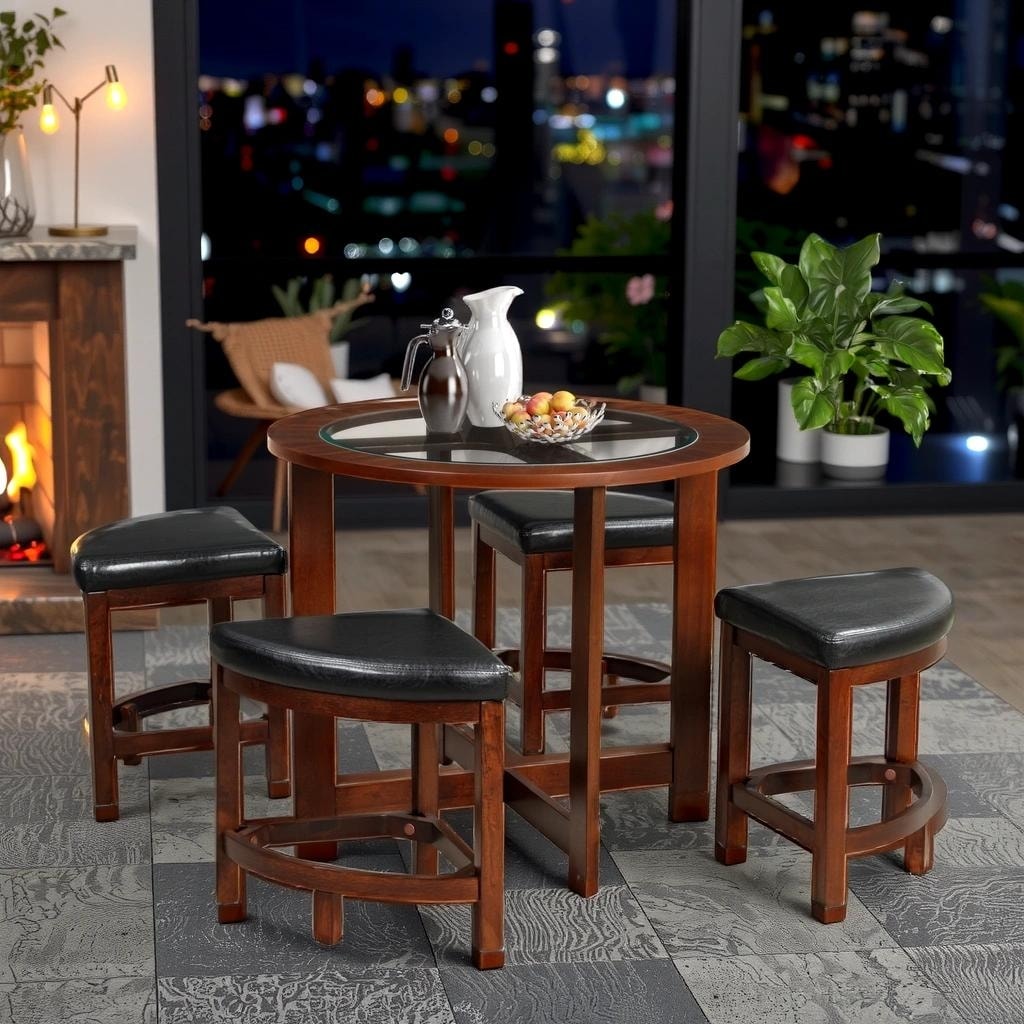 Contemporary Cylina Solid Wood Glass Top Round Dining Table with 4 Chairs Bed Bath Beyond 42305308
