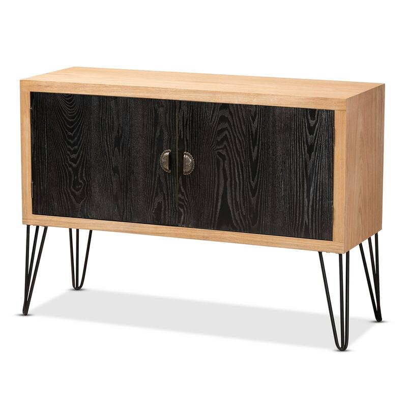 Modern Two-Tone Walnut and Black Wood Storage Cabinet - Stylish Organizer with Metal Legs and Door Handles