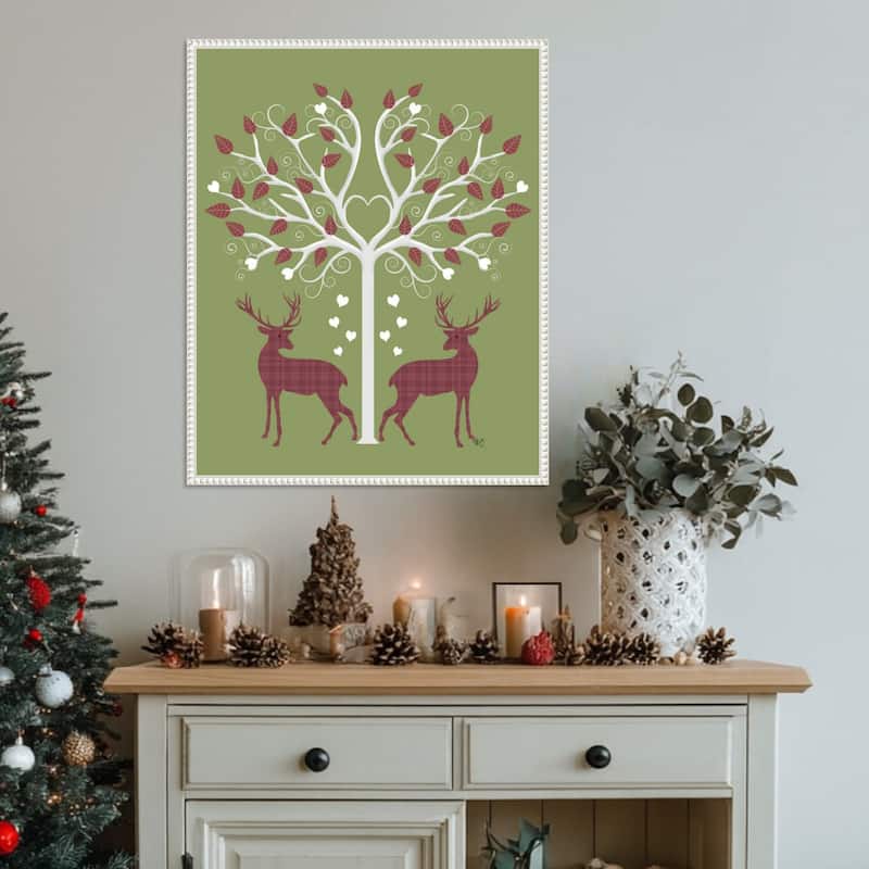 Christmas Des Deer and Heart Tree Pink On Green by Fab Funky (23 x 28 in.), Framed Canvas Wall Art Print - Sylvie Beaded White