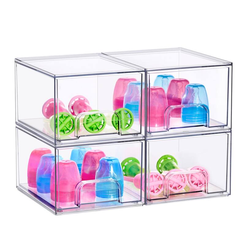 Sorbus Wide Stackable Acrylic Storage Drawers, Clear Plastic Organizer Bins for Baby Bottles, Bathroom, & Kitchen Organization - Small 4 Pack