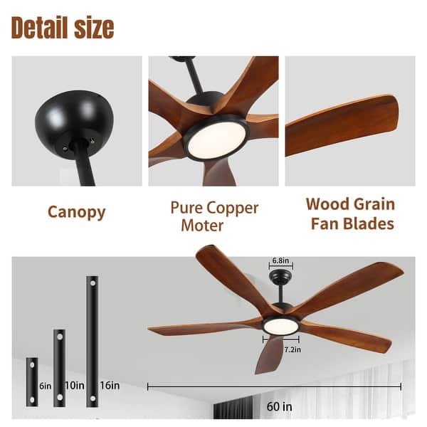 dimension image slide 2 of 14, Sofucor 48/52/56/60 Inch Solid Wood Ceiling Fan with Light and Remote, Reverse Functions, Integrated Light Optional