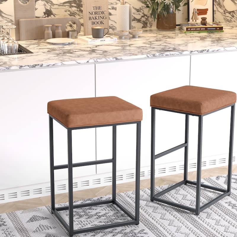 Upholstered Counter & Bar Stool with Footrest, Set of 2 - N/A - Brown