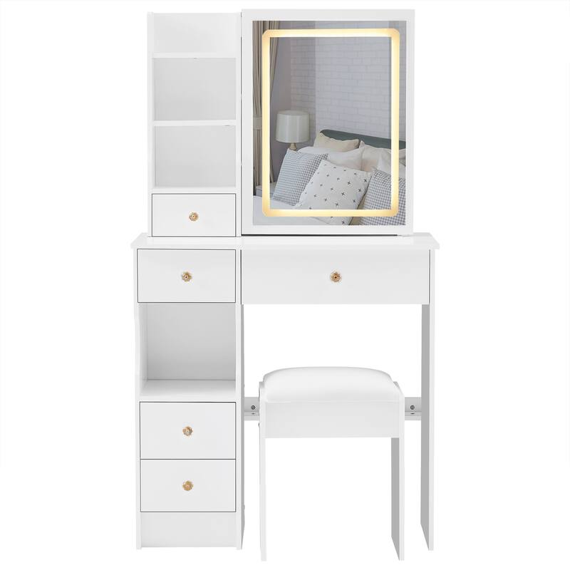 Small Space Vanity Table with Sliding LED Mirror, Multi-Layer Storage, and Comfortable Stool for Modern Bedrooms