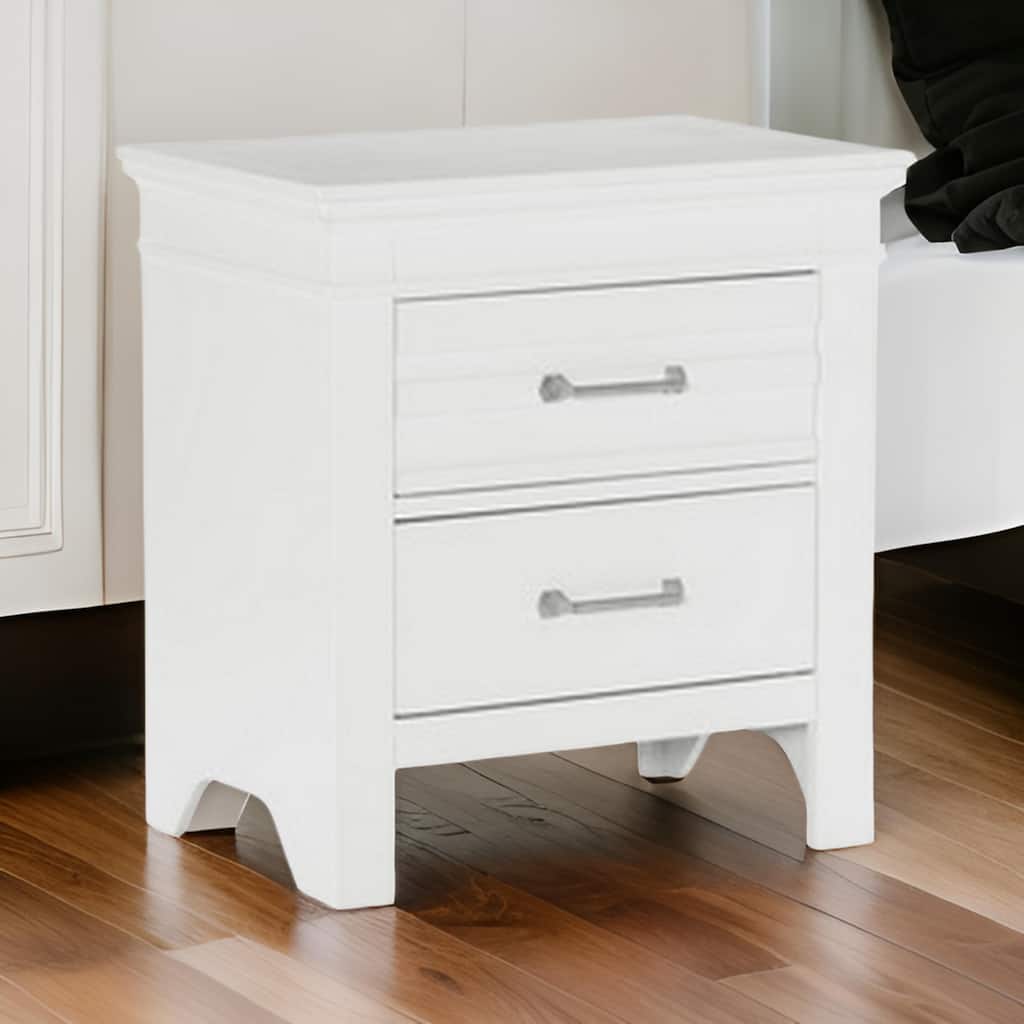 Candy 25 Inch Nightstand, 2 Drawers, Nickel Bar Handles, White Solid Wood