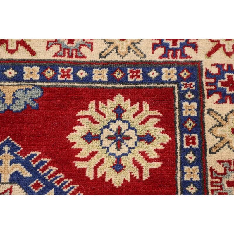 Red Geometric Kazak Oriental Foyer Rug Handmade Wool Carpet - 3'5" x 5'1"