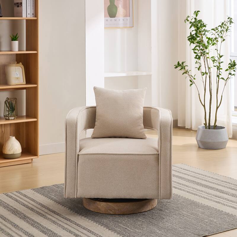 29.1"W Modern Swivel Accent Open Back Barrel Chair with Weathered Base - Beige-Linen Blend