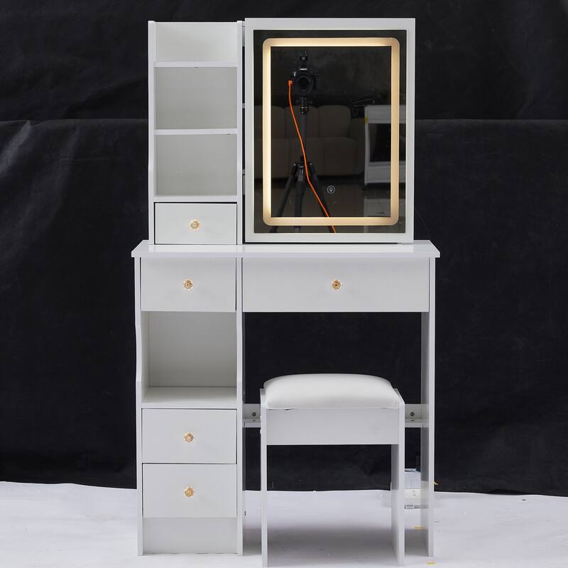 Dressing Table Stool Set with Brightness Adjustable Touch LED Mirror