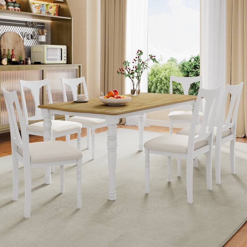 7-Piece Dining Table Set, Extendable Wood Dining Table with Removable Leaf, Kitchen Table Set with Upholstered Chair