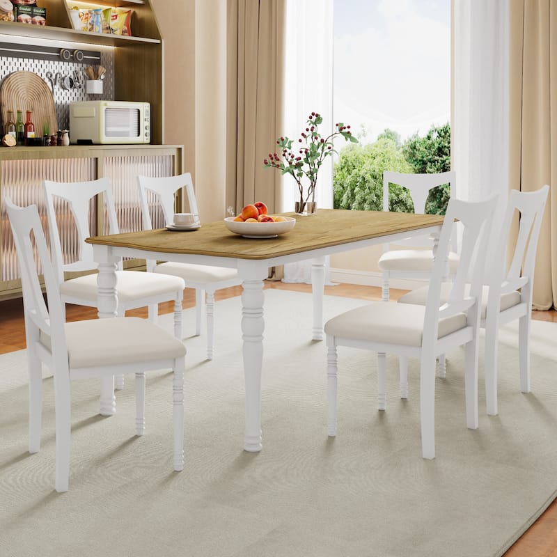Roomfitters 7-Piece Extendable Dining Table Set, 60-78 Inch Farmhouse Wood Table with Leaf & 6 Upholstered Chairs - Natural+White