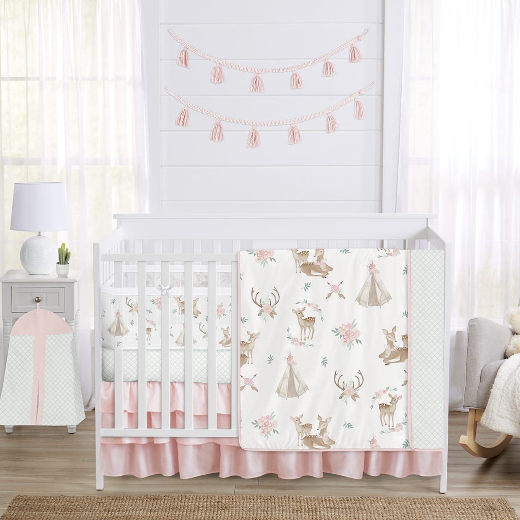 Woodland Deer Floral Girl Sweet Jojo Designs 6p Crib Bedding + BreathableBaby Breathable Mesh Liner Boho Bohemian