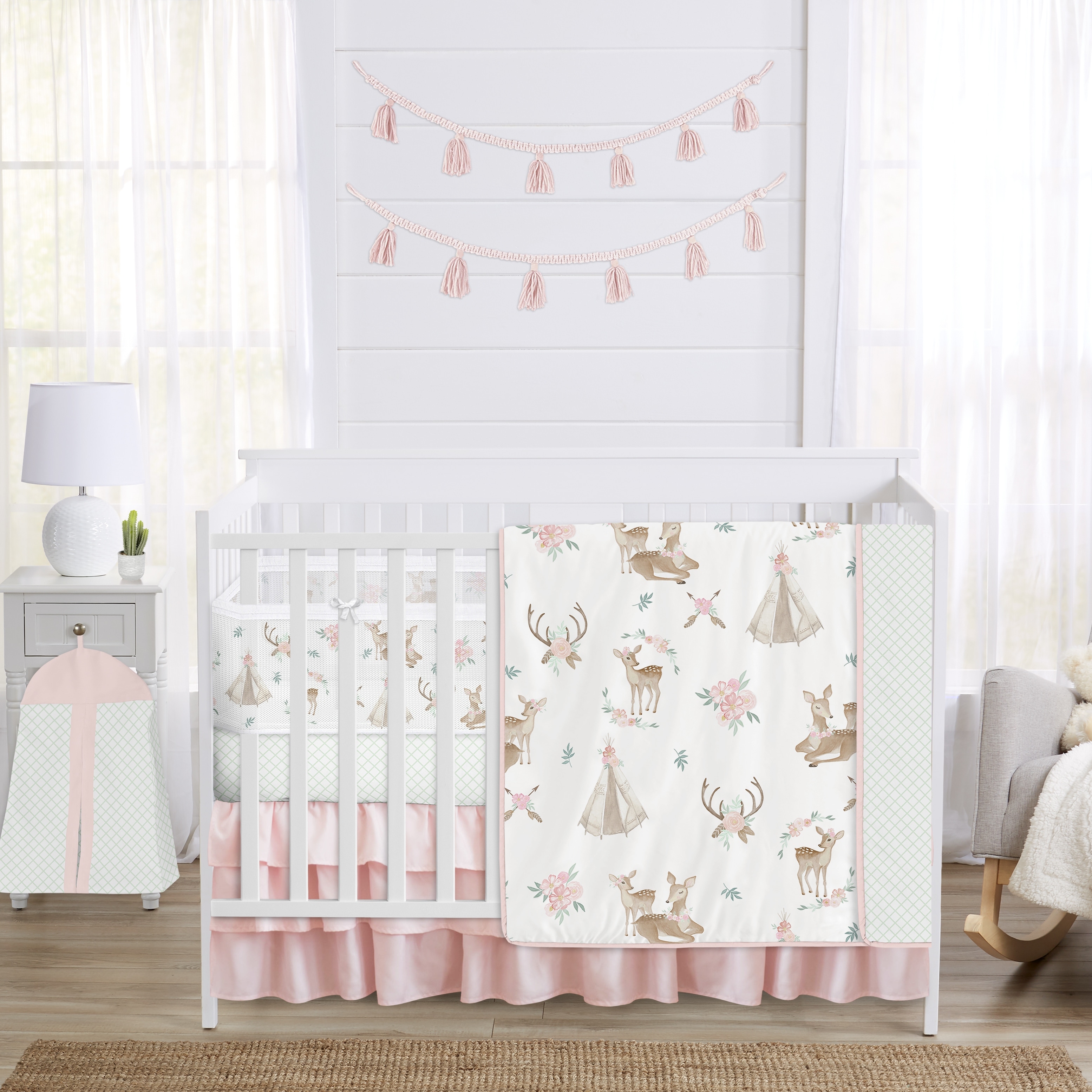 Woodland Deer Floral Girl Sweet Jojo Designs 6p Crib Bedding + BreathableBaby Breathable Mesh Liner Boho Bohemian