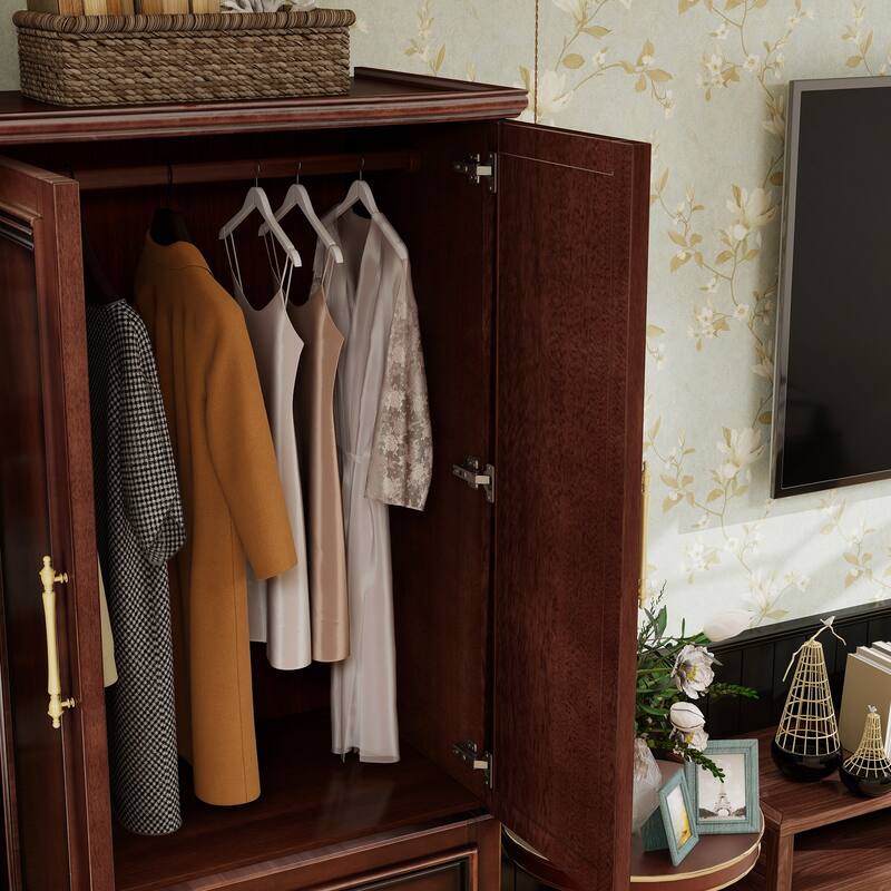 100% Solid Wood Walnut Armoire Wardrobe Closet with 3 Drawers and Hanging Rod, Farmhouse Style Wardrobe Closet with 3 Doors