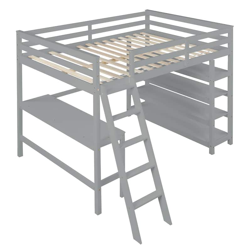 Loft Bed Full with Storage Desk Ladder and Shelves White