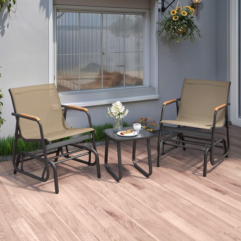 Moasis 3pcs Textline Patio Bistro Set Glider Chair with Coffee Table Tempered Glass - Brown