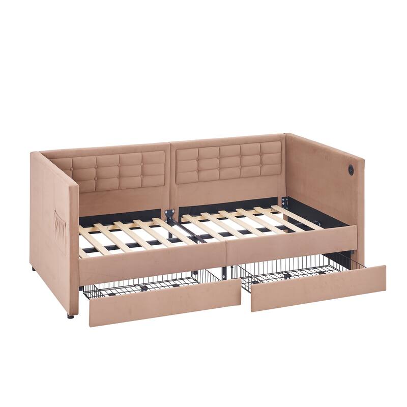 VECELO Twin Size Upholstered Daybed with Storage Drawers Storage Daybed with USB Ports & Pockets Modern Sofa Bed Daybed Frame