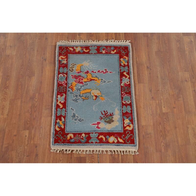 Hand Knotted Oriental 100% Wool Carpet Traditional Bordered Navy Blue & Blues Art Deco Area Rug - 3' 0'' X 2' 0''