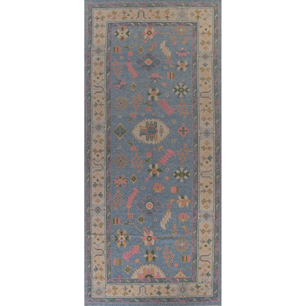 Hand Knotted Oriental 100% Wool Carpet Transitional All-Over Navy Blue & Blues Oushak Area Rug - 17' 10'' X 7' 2''