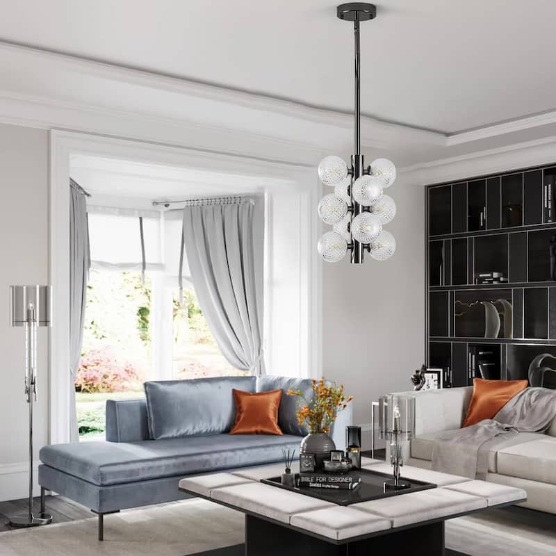 10 Light Sleek Black Metal Chandelier with Transparent Rippled Glass Globes, Adjustable Height - Matte Black