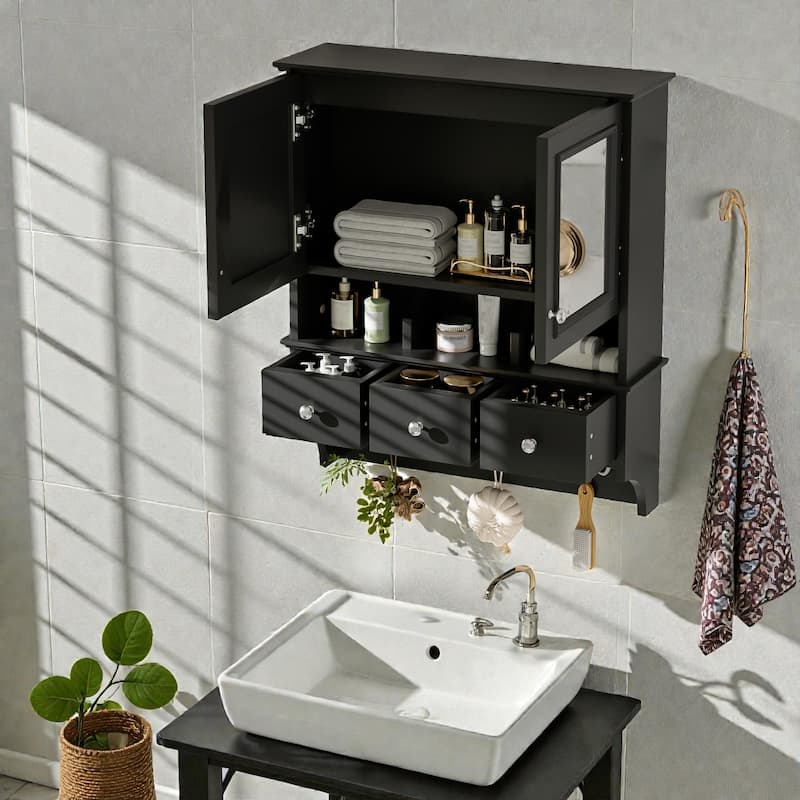 24 Inch 4-in-1 Wall Mounted Medicine Cabinet with Mirror, Drawers and Hooks, Bathroom Storage Organizer
