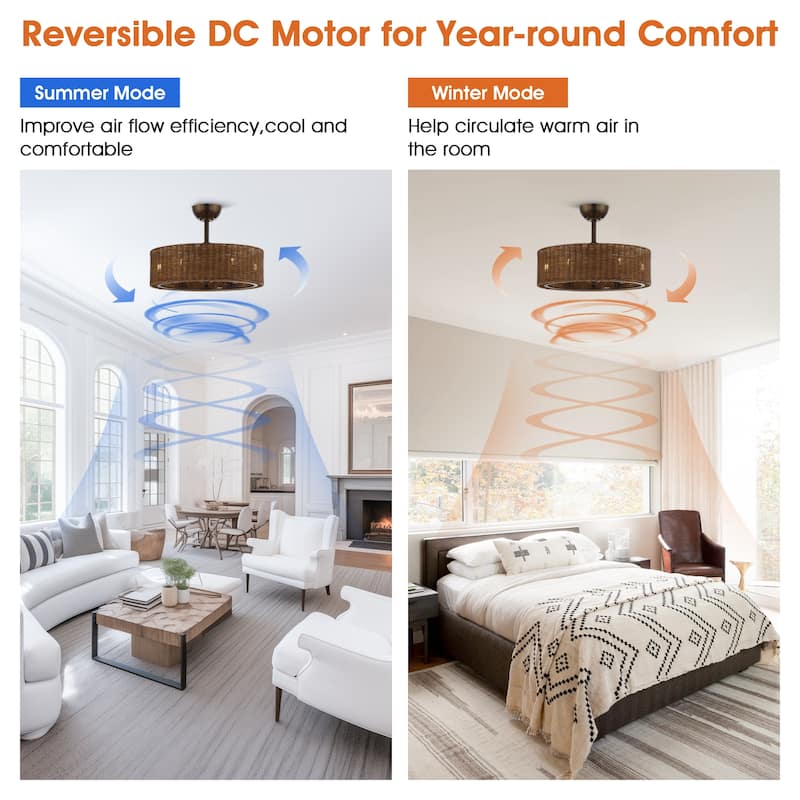 24" Rustic Rattan 6-Speed Caged Ceiling Fan Chandelier with Remote