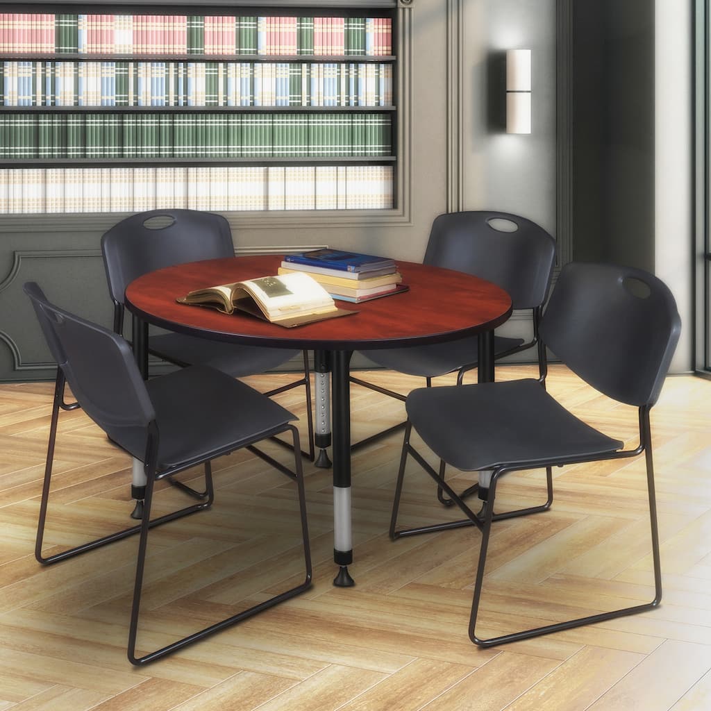 48 in. Round Height Adjustable Classroom Table - Cherry & 4 Stack Chairs- Black