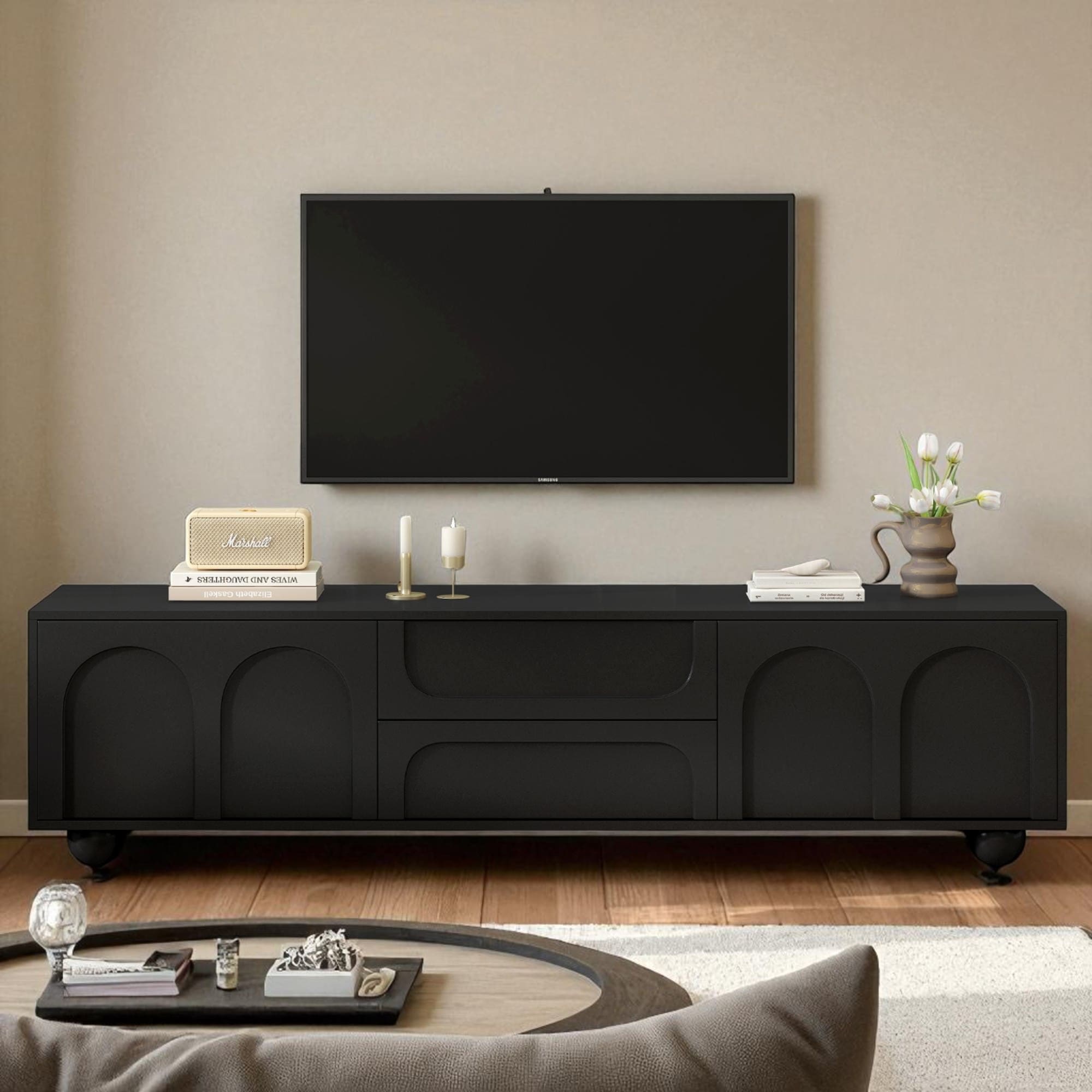 TV Stand with Arched Doors & 2 Drawers for TVs up to 75", Cream Media Console with Rebound Device and 5 Round Metal Legs