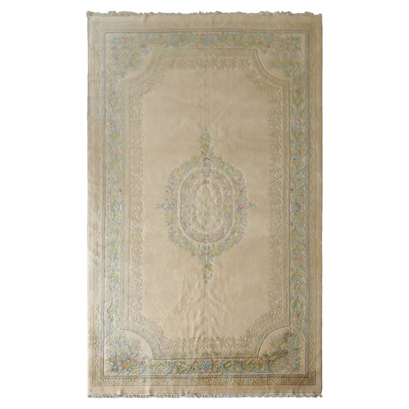 11x18 Hand Knotted Wool Beige Plush Pile Traditional Aubusson Savonnerie Rug - 11' x 18'