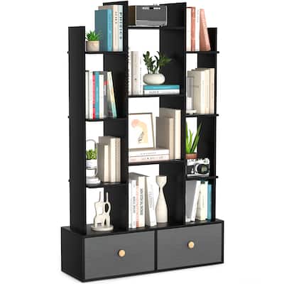 Book Shelf with 2 Drawers Free Standing Bookcase, Office Storage Shelf Organizer with 12 Open Bookshelf