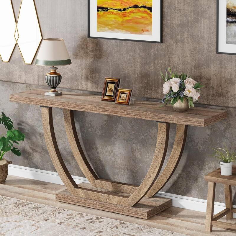 63 Inches Skinny Console Table with Geometric Base for Living Room Foyer