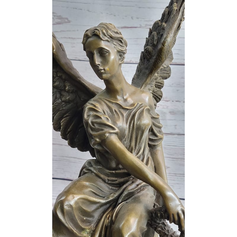 Bronze Statue Of Seated Angel Holding Wreath Sculpture On Marble Base 17 Inches X 9 Inches