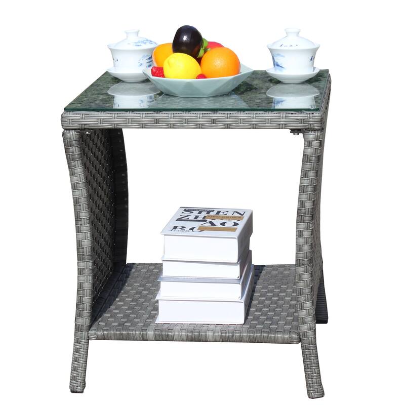 Anmytek Gray Rattan Side Table with Tempered Glass Top Indoor Outdoor Wicker Patio Table Double Tier Storage - 19.25*19.25