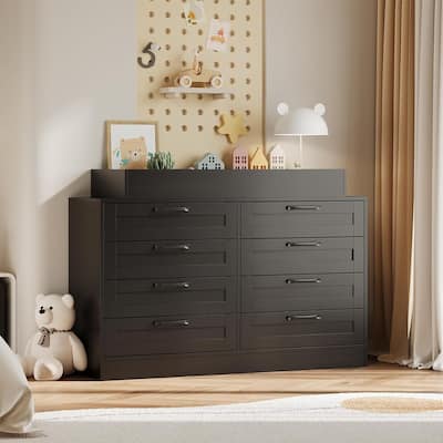 Baby Changing Dresser with 8 Drawers,Wooden Nursery Dresser with Safety Rail & Open Shelf