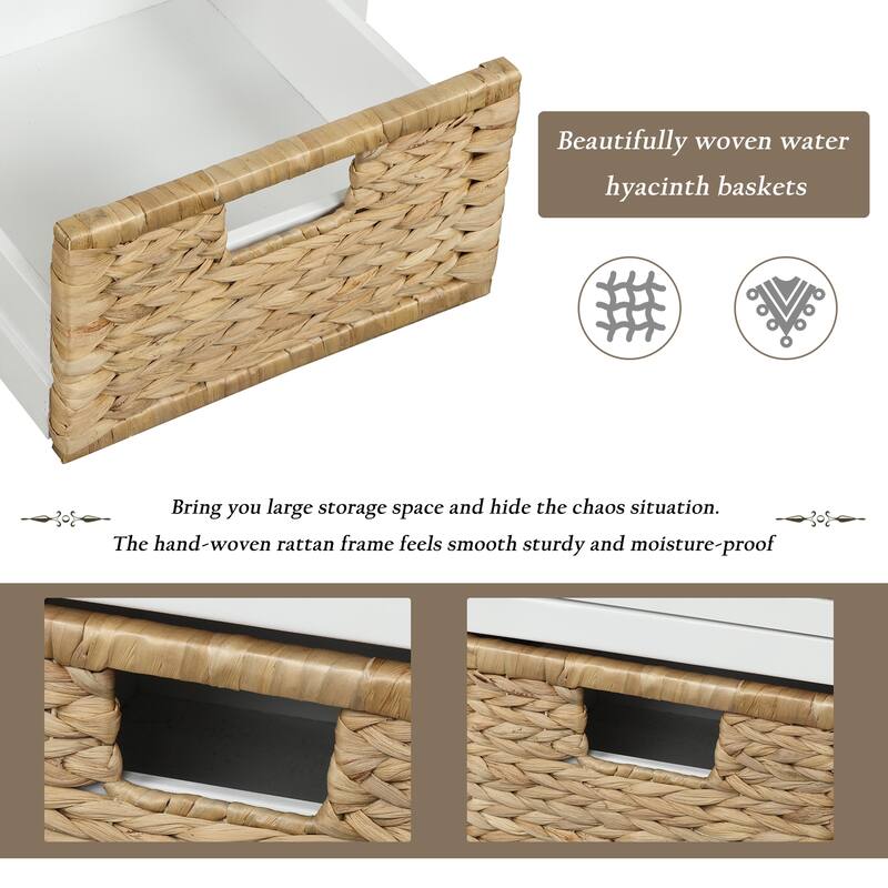 Storage Bench with 3 Drawers and 3 Rattan Baskets, Shoe Bench for Living Room, Entryway - White