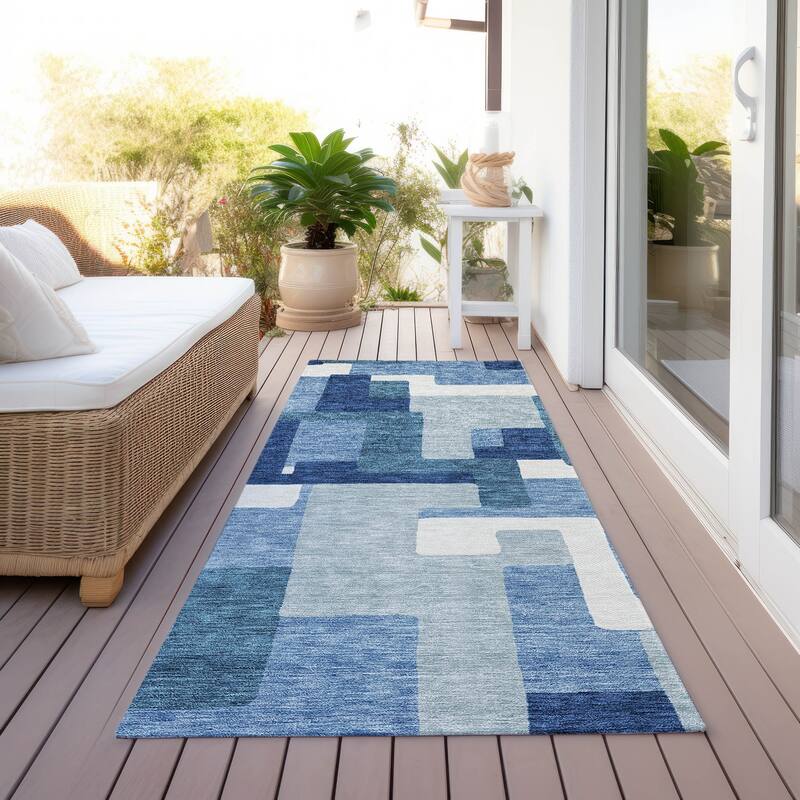 Machine Washable Indoor/ Outdoor Chantille Modern Blocks Rug - Blue - 2'3" x 7'6"