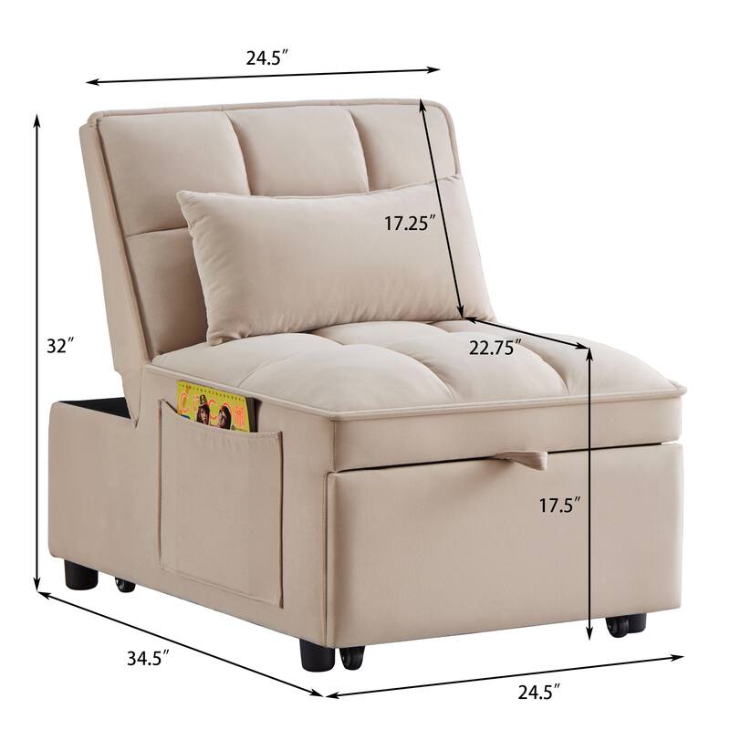 Velvet Multi-Function Chair Bed with Adjustable Backrest, Storage Pockets and Convertible Chaise Design