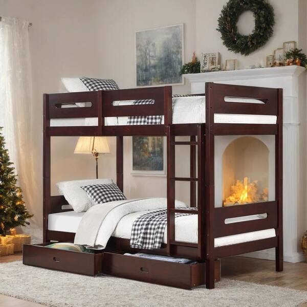 slide 2 of 10, Sturdy Twin/Twin Bunk Bed, 14+14 Slat System, Patent Pending Design Espresso