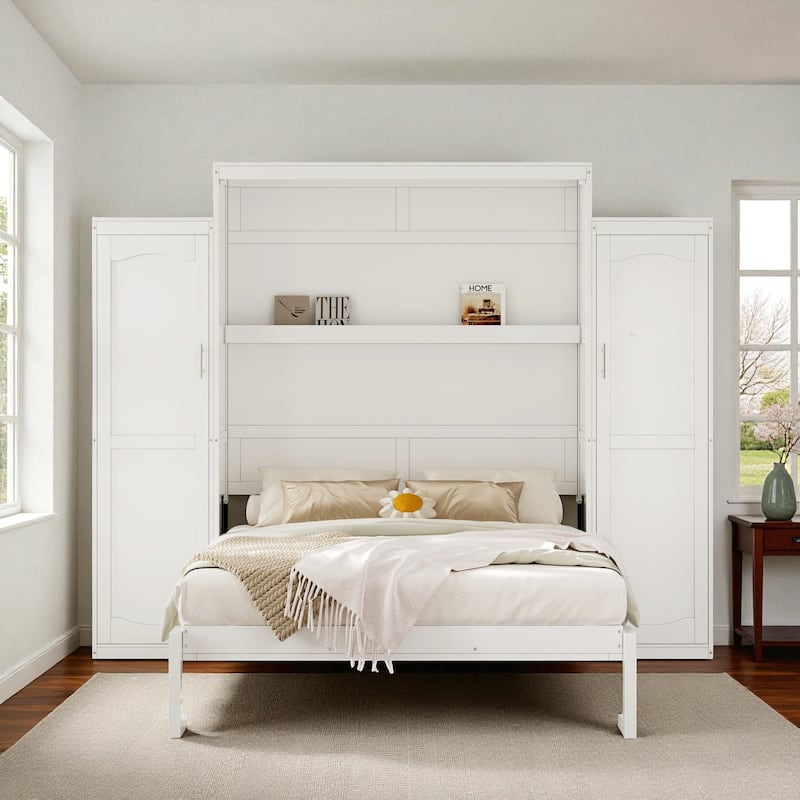 Queen Murphy Bed with Dual Wardrobes and Storage Shelf, Space-Saving Foldable Platform Bedframe for Bedrooms & Guest Rooms