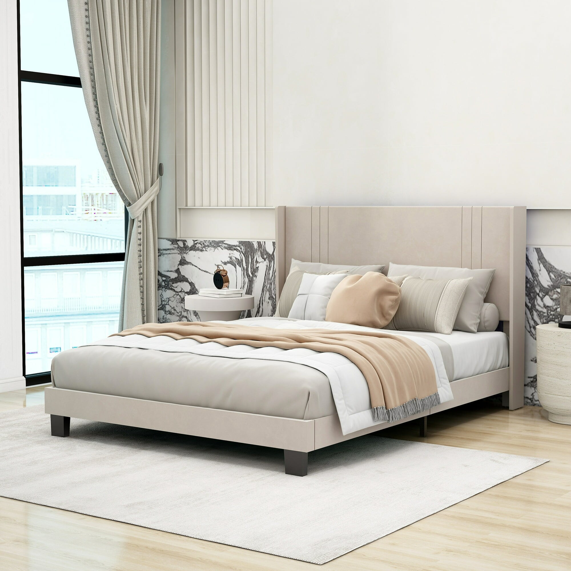 NNV Upholstered Bed Frame with Headboard, Wooden Slats