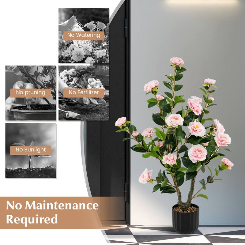 Gymax 2PCS 38'' Artificial Camellia Tree Faux Floral Plant Fake Tree