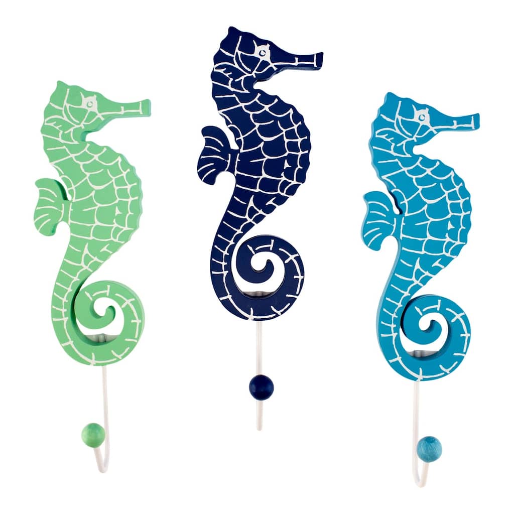 Green Blue Navy Seahorses with Single Hooks Set of 3 Wood Wall Decor